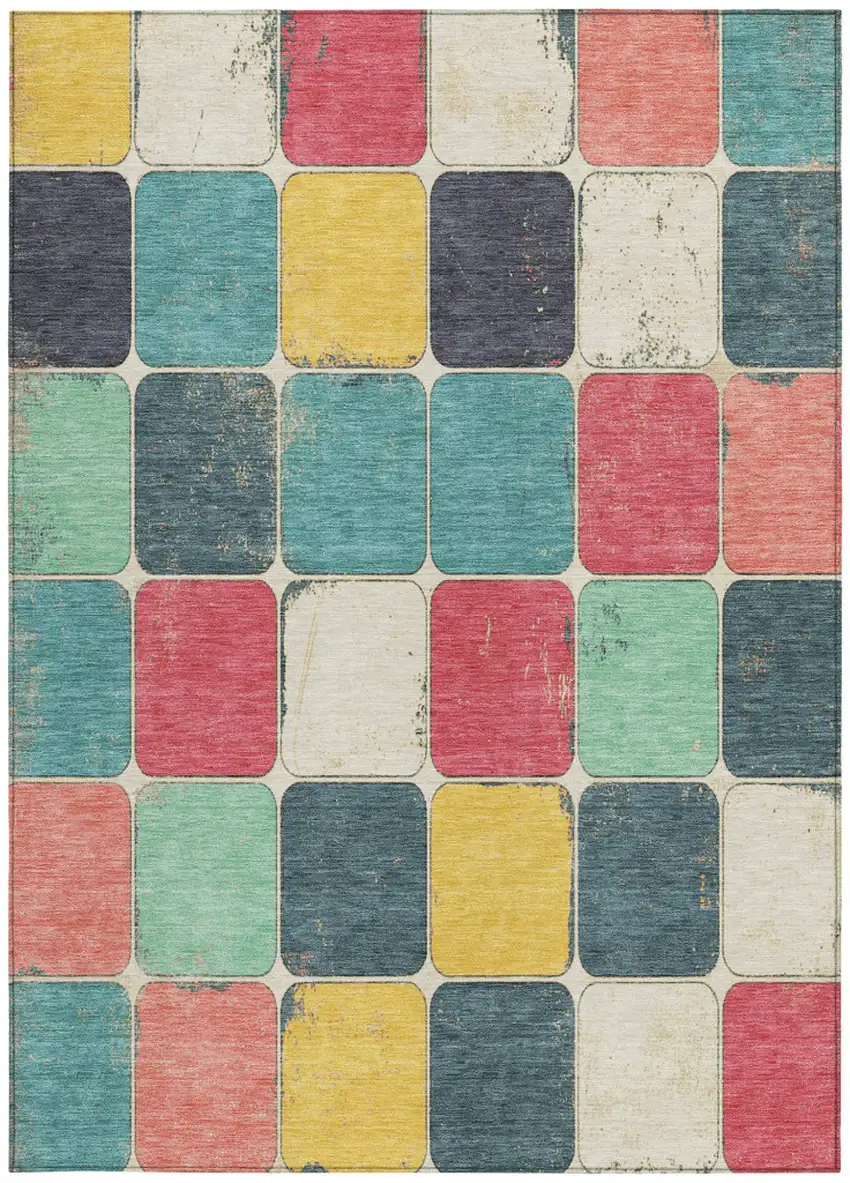 Teal Blue Salmon And Yellow Geometric Washable Indoor Outdoor Area Rug Photo 4