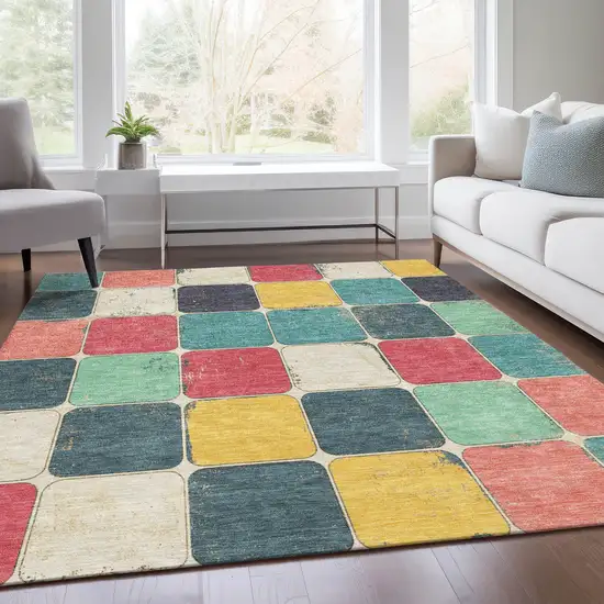 Teal Blue Salmon And Yellow Geometric Washable Indoor Outdoor Area Rug Photo 8