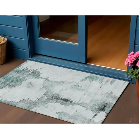 Teal Blue Silver And Gray Abstract Washable Indoor Outdoor Area Rug Photo 1