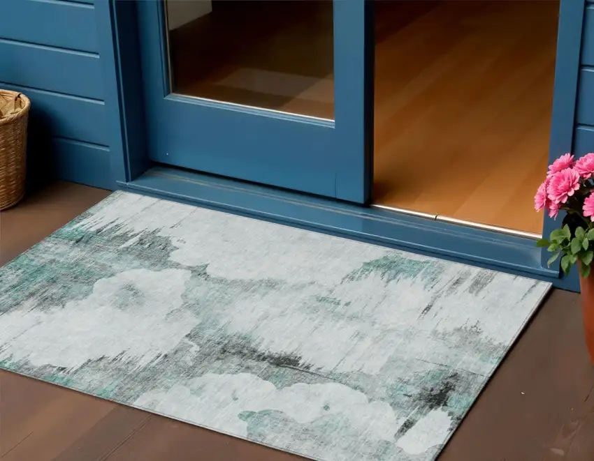 Teal Blue Silver And Gray Abstract Washable Indoor Outdoor Area Rug Photo 1