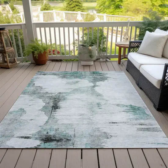 Teal Blue Silver And Gray Abstract Washable Indoor Outdoor Area Rug Photo 9