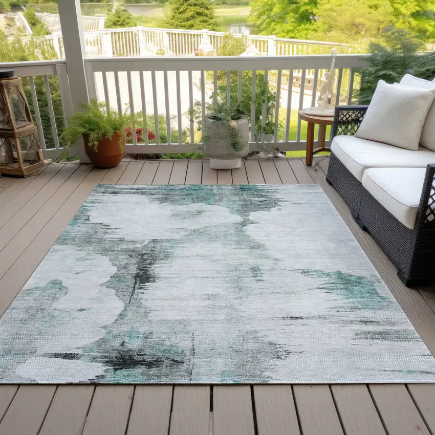 Teal Blue Silver And Gray Abstract Washable Indoor Outdoor Area Rug Photo 9