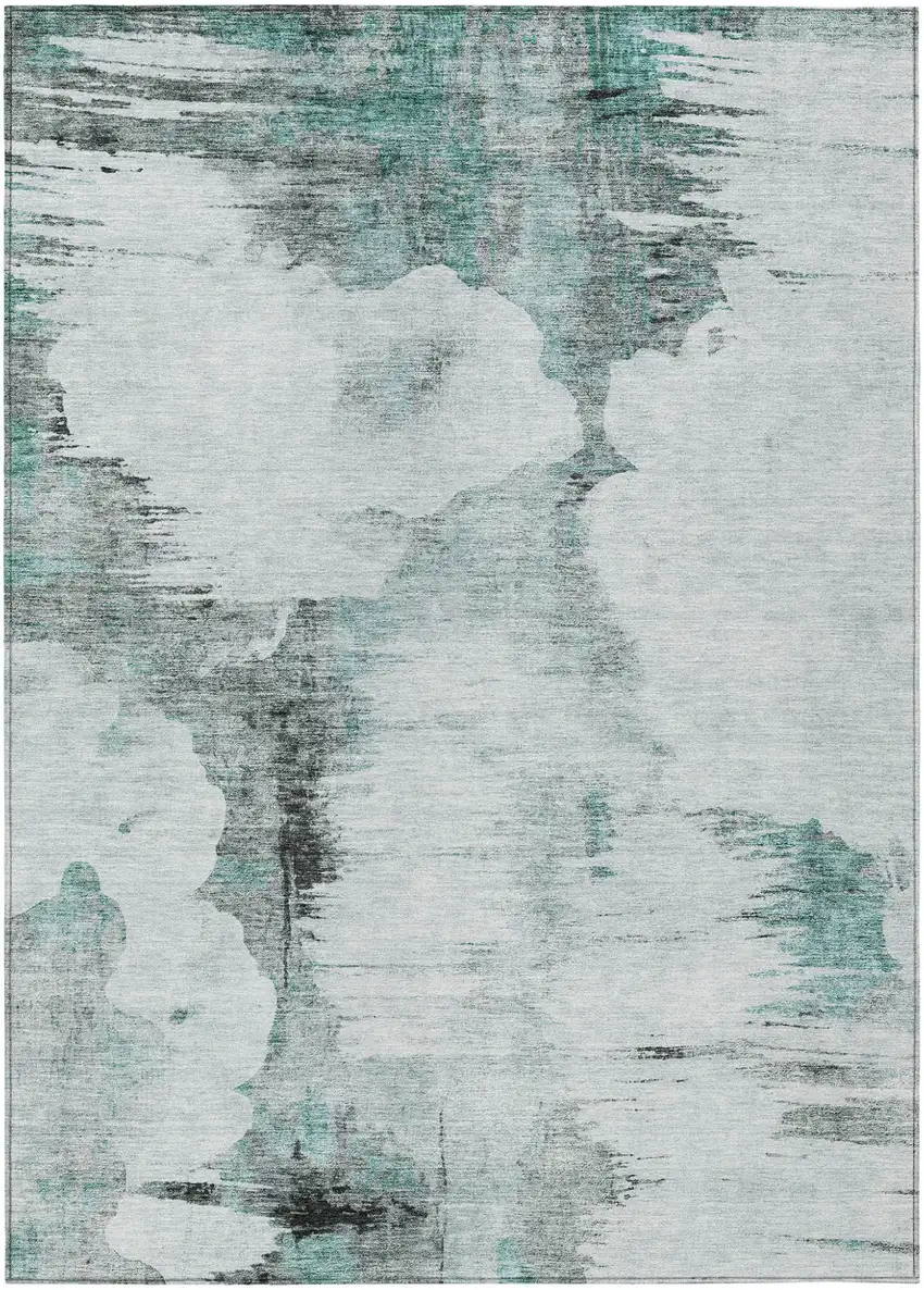 Teal Blue Silver And Gray Abstract Washable Indoor Outdoor Area Rug Photo 1