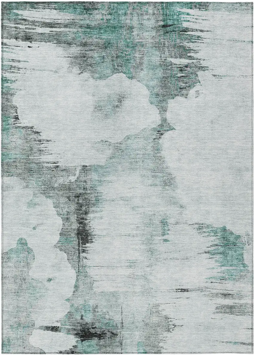 Teal Blue Silver And Gray Abstract Washable Indoor Outdoor Area Rug Photo 1