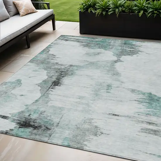 Teal Blue Silver And Gray Abstract Washable Indoor Outdoor Area Rug Photo 1