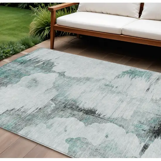 Teal Blue Silver And Gray Abstract Washable Indoor Outdoor Area Rug Photo 1