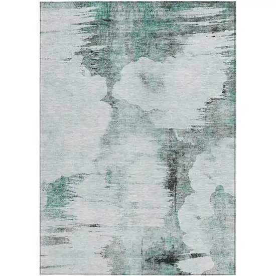 Teal Blue Silver And Gray Abstract Washable Indoor Outdoor Area Rug Photo 5