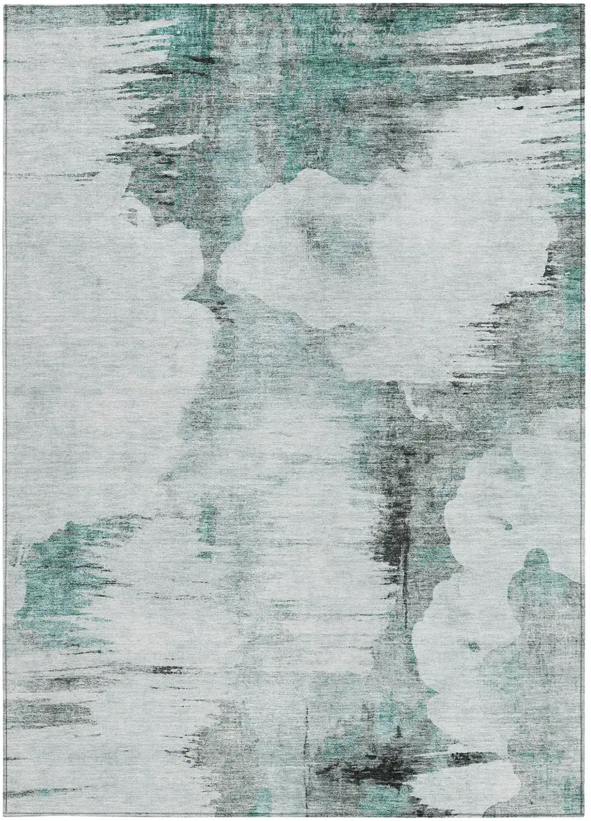 Teal Blue Silver And Gray Abstract Washable Indoor Outdoor Area Rug Photo 5