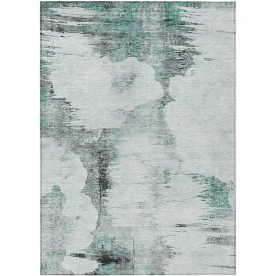Teal Blue Silver And Gray Abstract Washable Indoor Outdoor Area Rug Photo 1