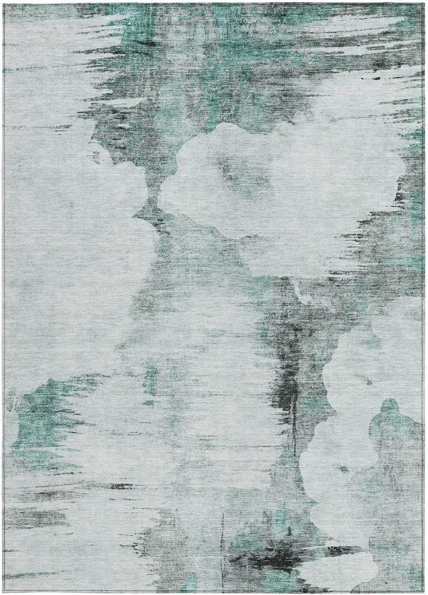 Teal Blue Silver And Gray Abstract Washable Indoor Outdoor Area Rug Photo 6