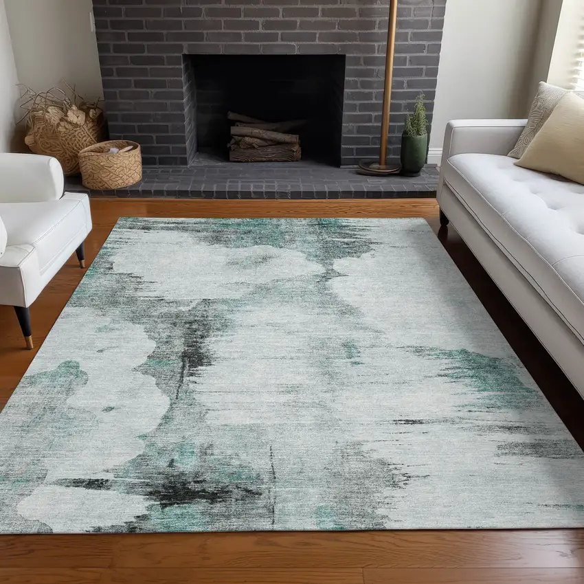 Teal Blue Silver And Gray Abstract Washable Indoor Outdoor Area Rug Photo 7