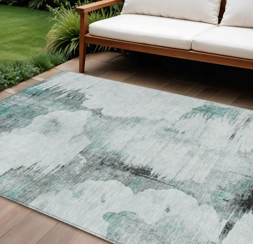 Teal Blue Silver And Gray Abstract Washable Indoor Outdoor Area Rug Photo 1
