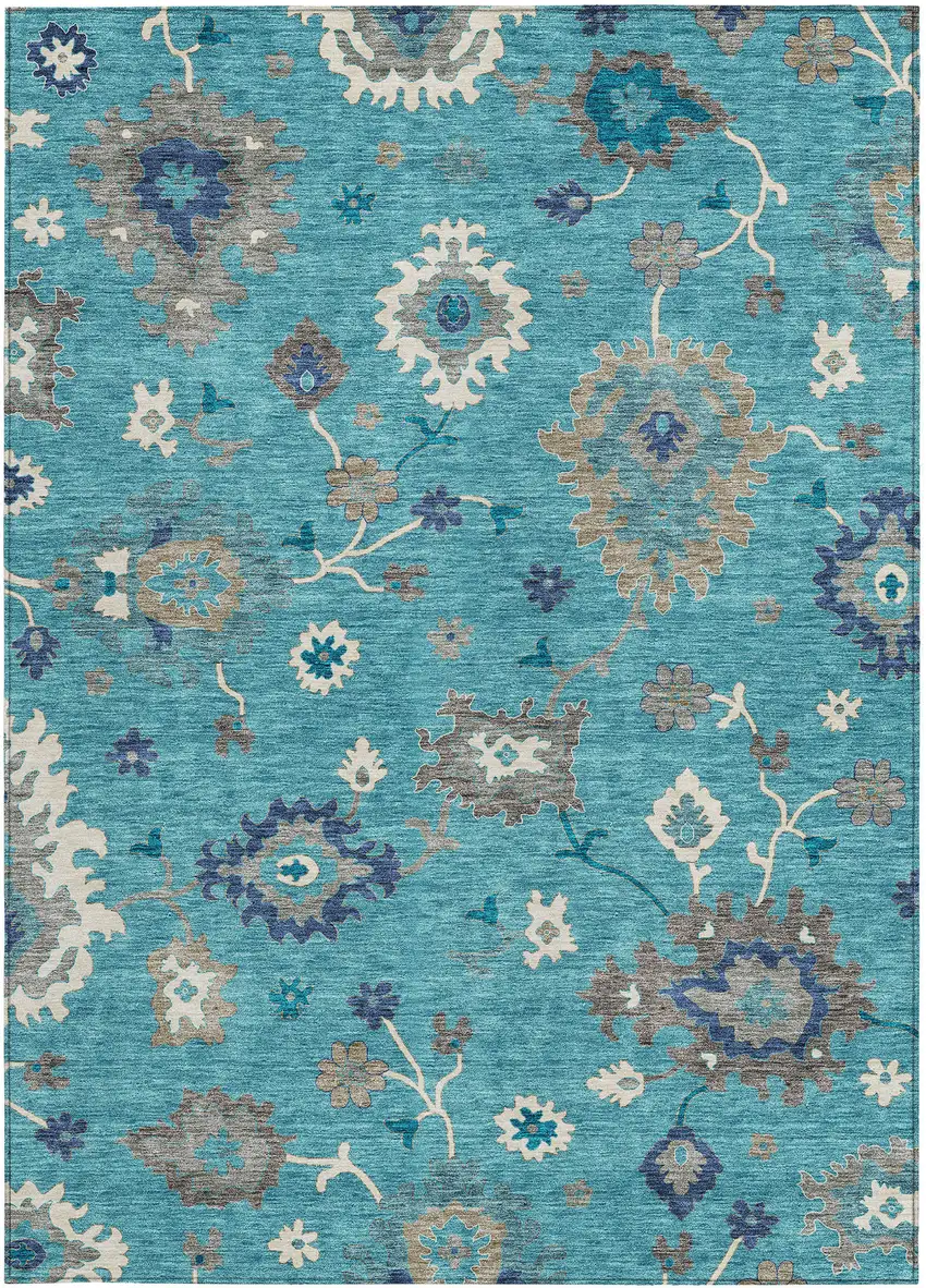 Teal Blue Silver And Gray Floral Washable Indoor Outdoor Area Rug Photo 6