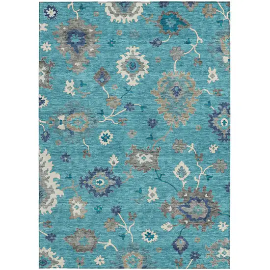 Teal Blue Silver And Gray Floral Washable Indoor Outdoor Area Rug Photo 6