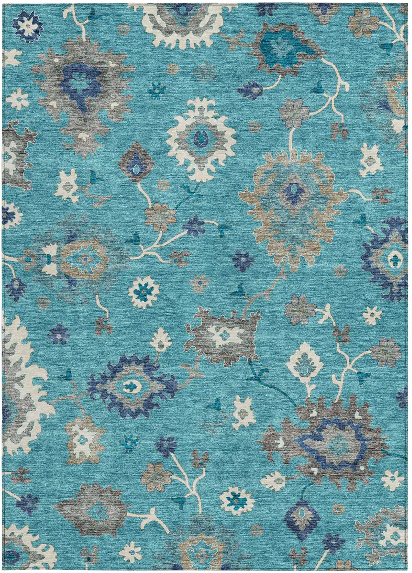 Teal Blue Silver And Gray Floral Washable Indoor Outdoor Area Rug Photo 6
