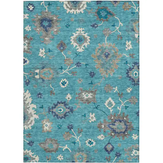 Teal Blue Silver And Gray Floral Washable Indoor Outdoor Area Rug Photo 6