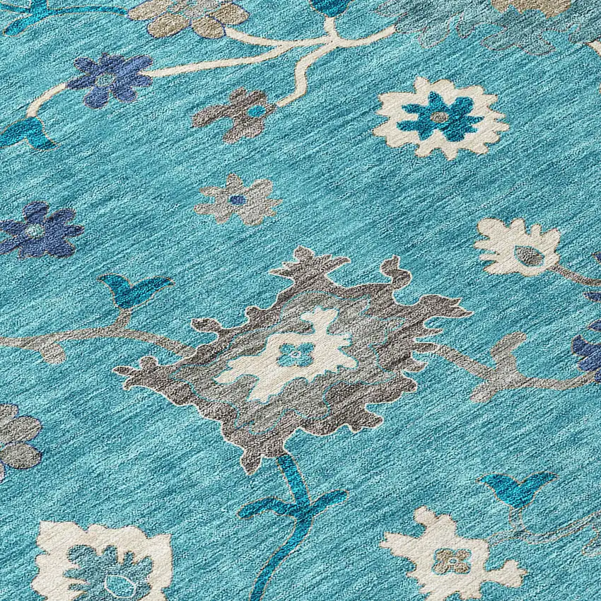 Teal Blue Silver And Gray Floral Washable Indoor Outdoor Area Rug Photo 4