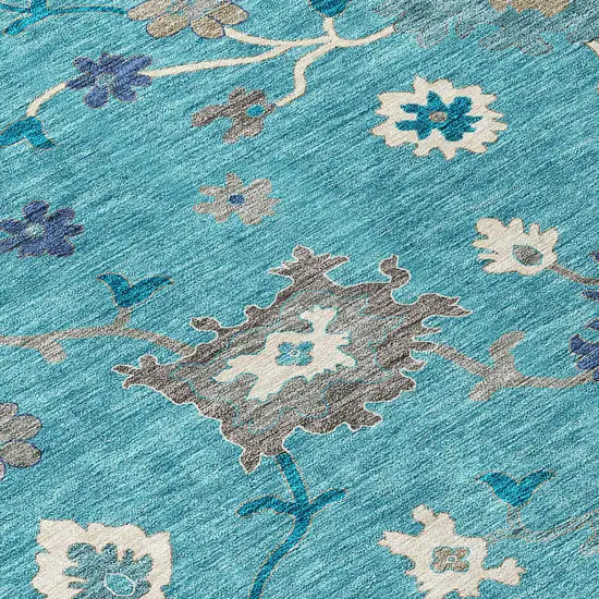 Teal Blue Silver And Gray Floral Washable Indoor Outdoor Area Rug Photo 4