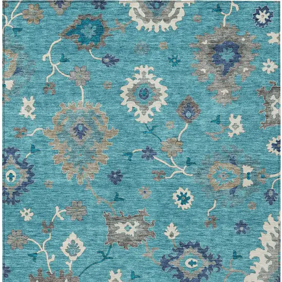 Teal Blue Silver And Gray Floral Washable Indoor Outdoor Area Rug Photo 5