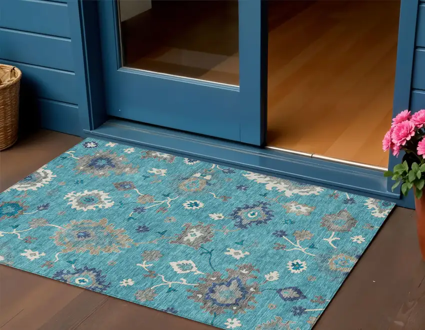Teal Blue Silver And Gray Floral Washable Indoor Outdoor Area Rug Photo 1