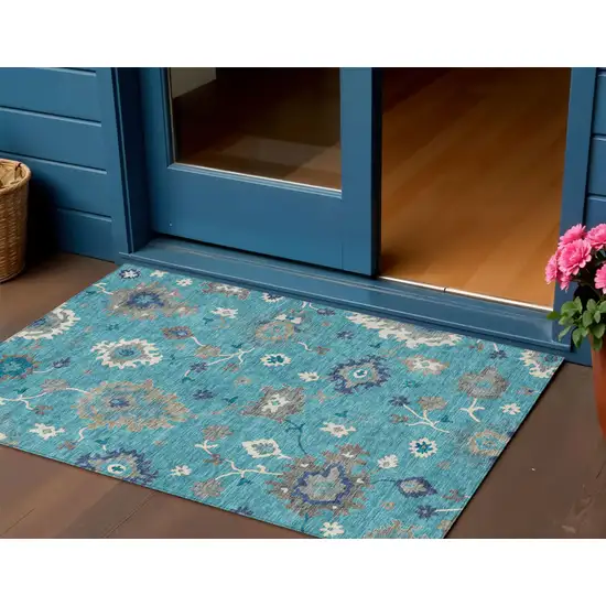 Teal Blue Silver And Gray Floral Washable Indoor Outdoor Area Rug Photo 1
