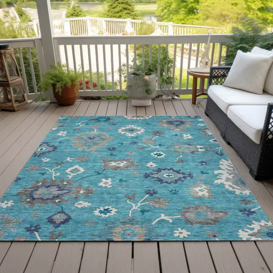 Teal Blue Silver And Gray Floral Washable Indoor Outdoor Area Rug Photo 7