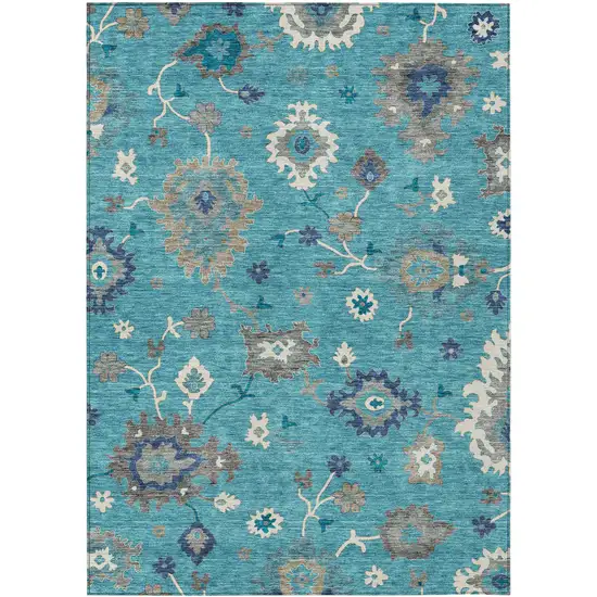 Teal Blue Silver And Gray Floral Washable Indoor Outdoor Area Rug Photo 1