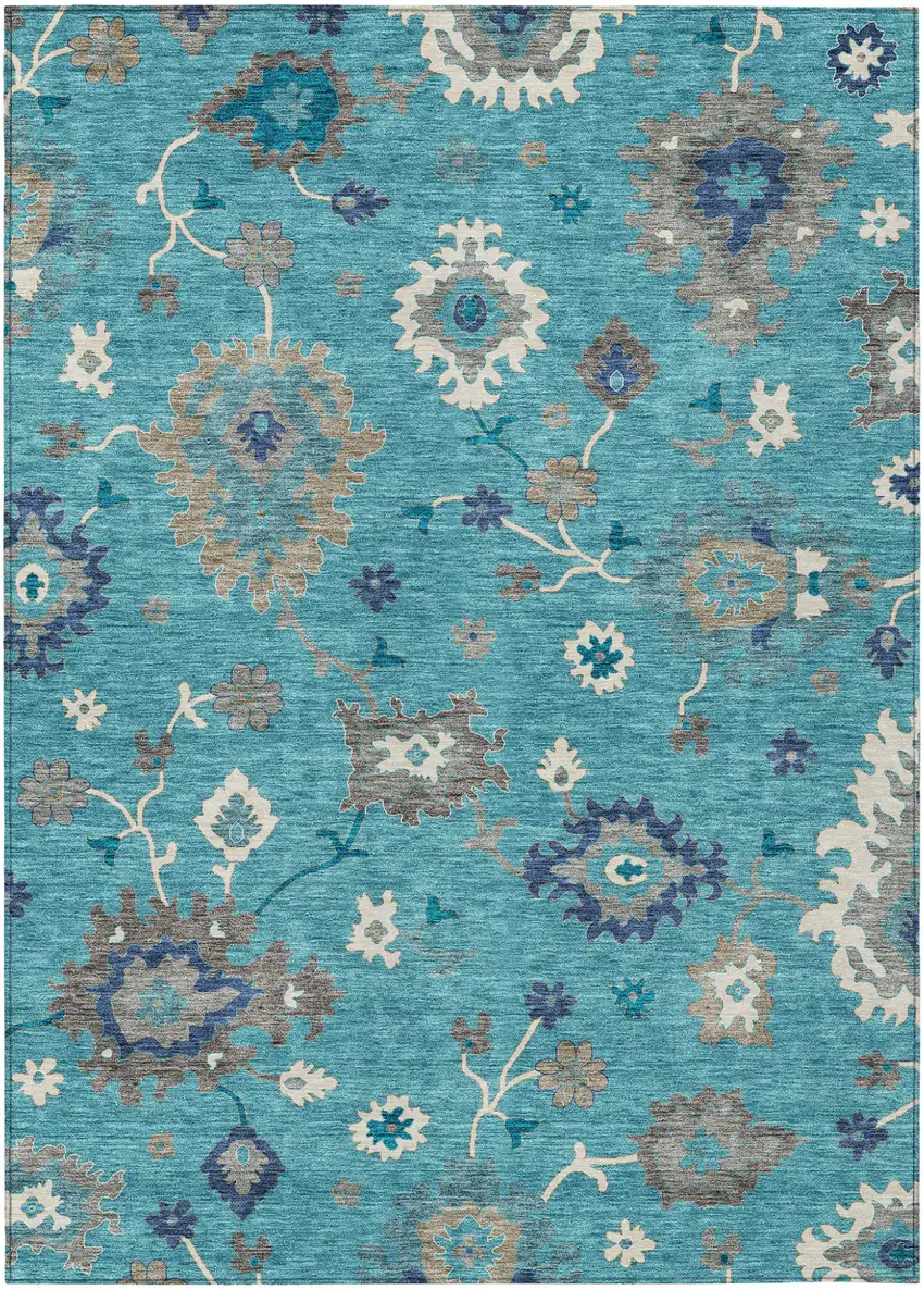 Teal Blue Silver And Gray Floral Washable Indoor Outdoor Area Rug Photo 1