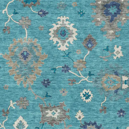 Teal Blue Silver And Gray Floral Washable Indoor Outdoor Area Rug Photo 5
