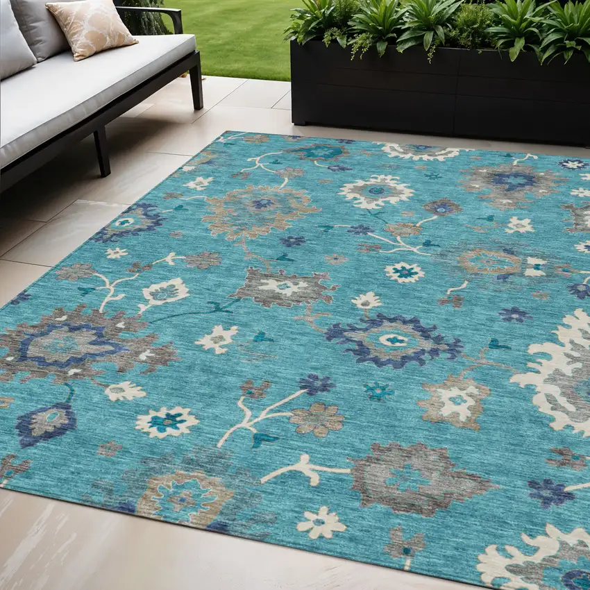 Teal Blue Silver And Gray Floral Washable Indoor Outdoor Area Rug Photo 1
