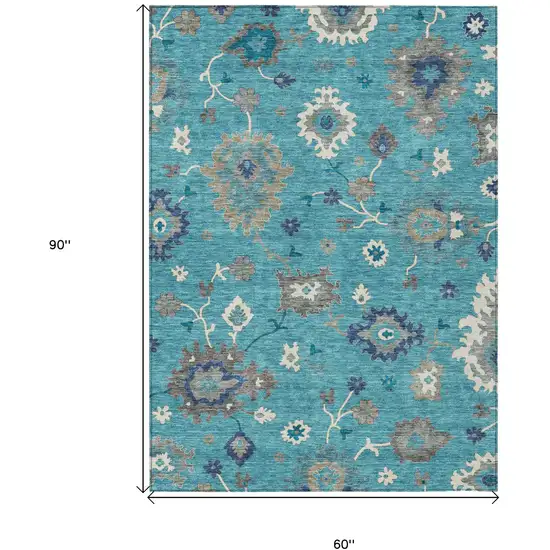 Teal Blue Silver And Gray Floral Washable Indoor Outdoor Area Rug Photo 8
