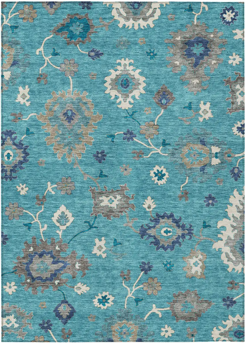 Teal Blue Silver And Gray Floral Washable Indoor Outdoor Area Rug Photo 1