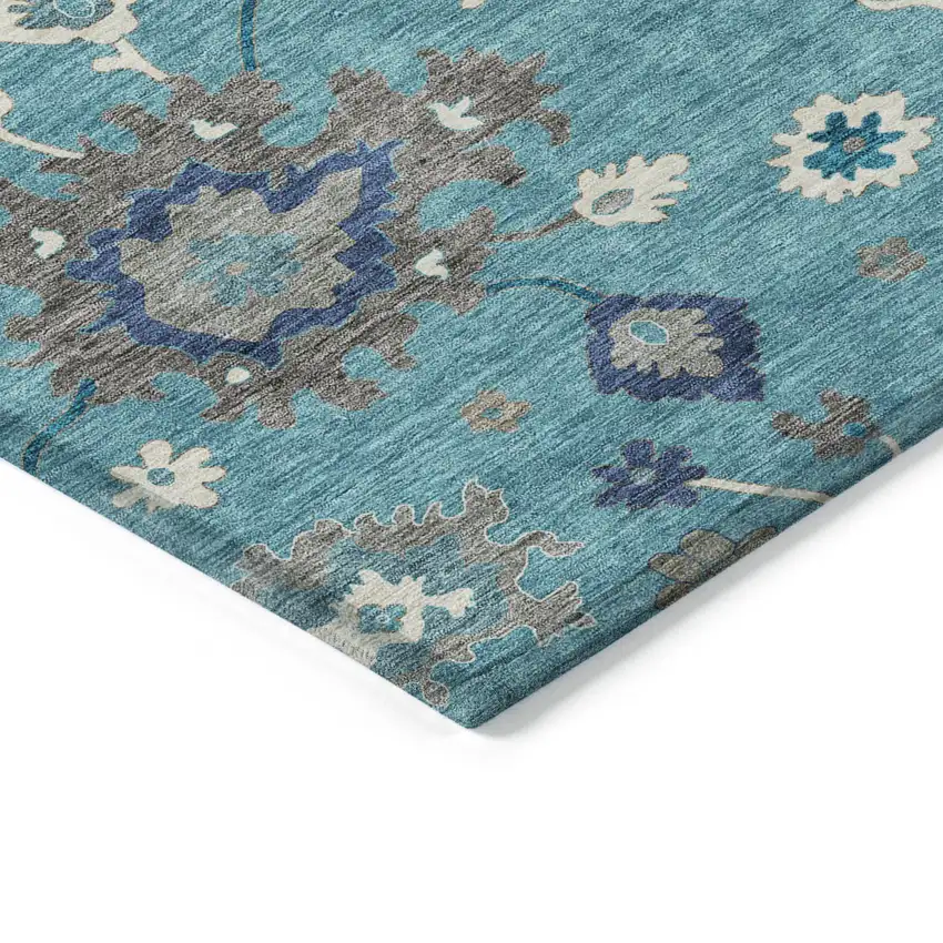 Teal Blue Silver And Gray Floral Washable Indoor Outdoor Area Rug Photo 3