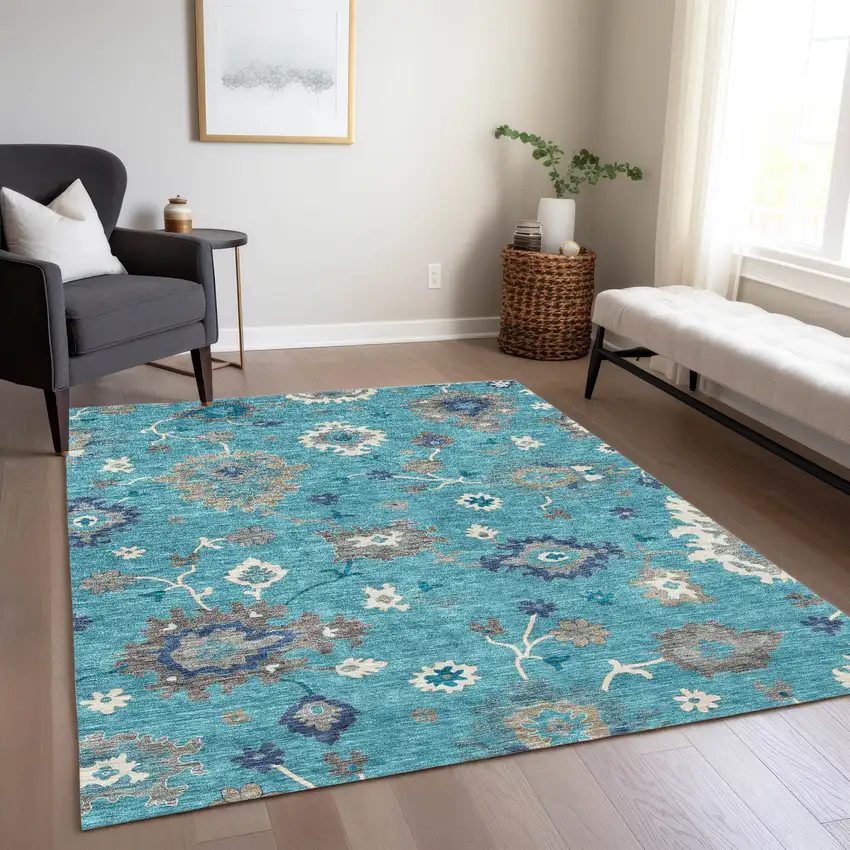 Teal Blue Silver And Gray Floral Washable Indoor Outdoor Area Rug Photo 9