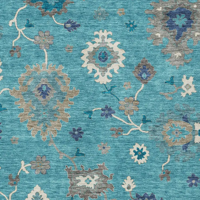 Teal Blue Silver And Gray Floral Washable Indoor Outdoor Area Rug Photo 5