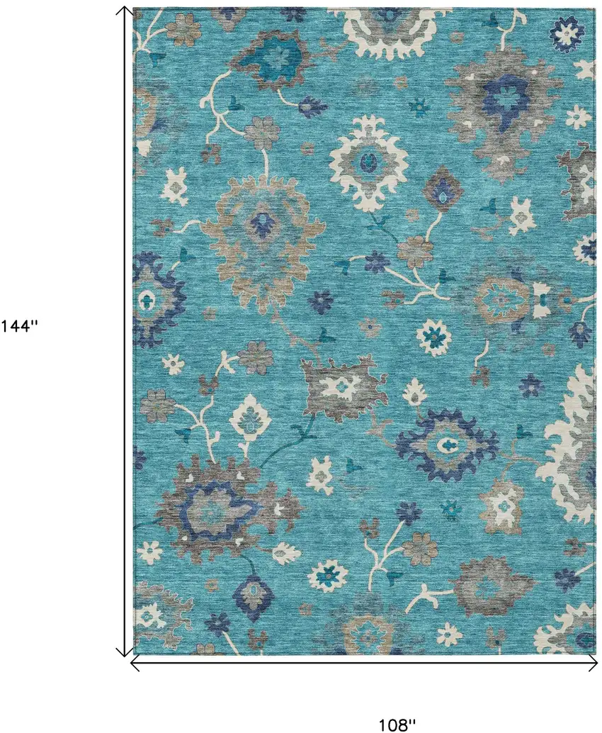 Teal Blue Silver And Gray Floral Washable Indoor Outdoor Area Rug Photo 9
