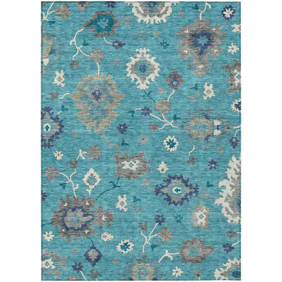 Teal Blue Silver And Gray Floral Washable Indoor Outdoor Area Rug Photo 1