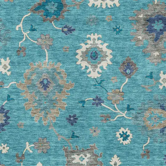 Teal Blue Silver And Gray Floral Washable Indoor Outdoor Area Rug Photo 5
