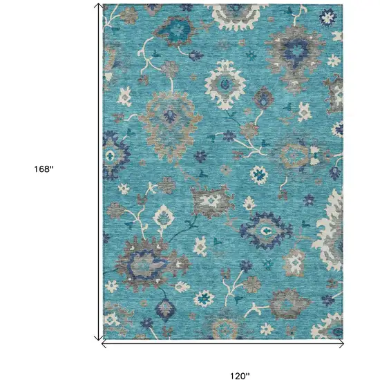 Teal Blue Silver And Gray Floral Washable Indoor Outdoor Area Rug Photo 8