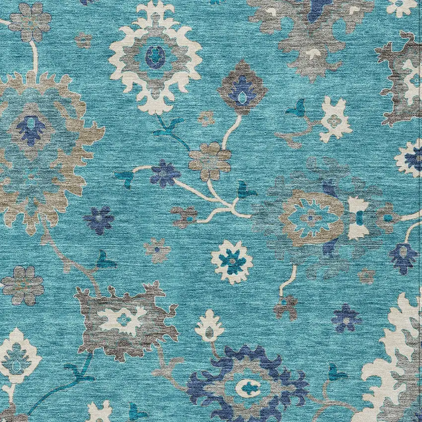 Teal Blue Silver And Gray Floral Washable Indoor Outdoor Area Rug Photo 5