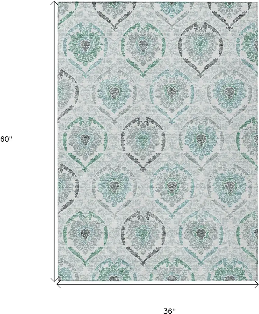 Teal Blue Silver And Gray Medallion Washable Indoor Outdoor Area Rug Photo 3