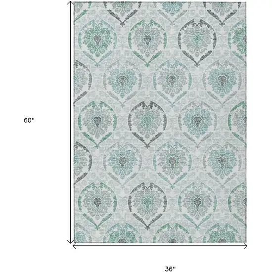 Teal Blue Silver And Gray Medallion Washable Indoor Outdoor Area Rug Photo 3