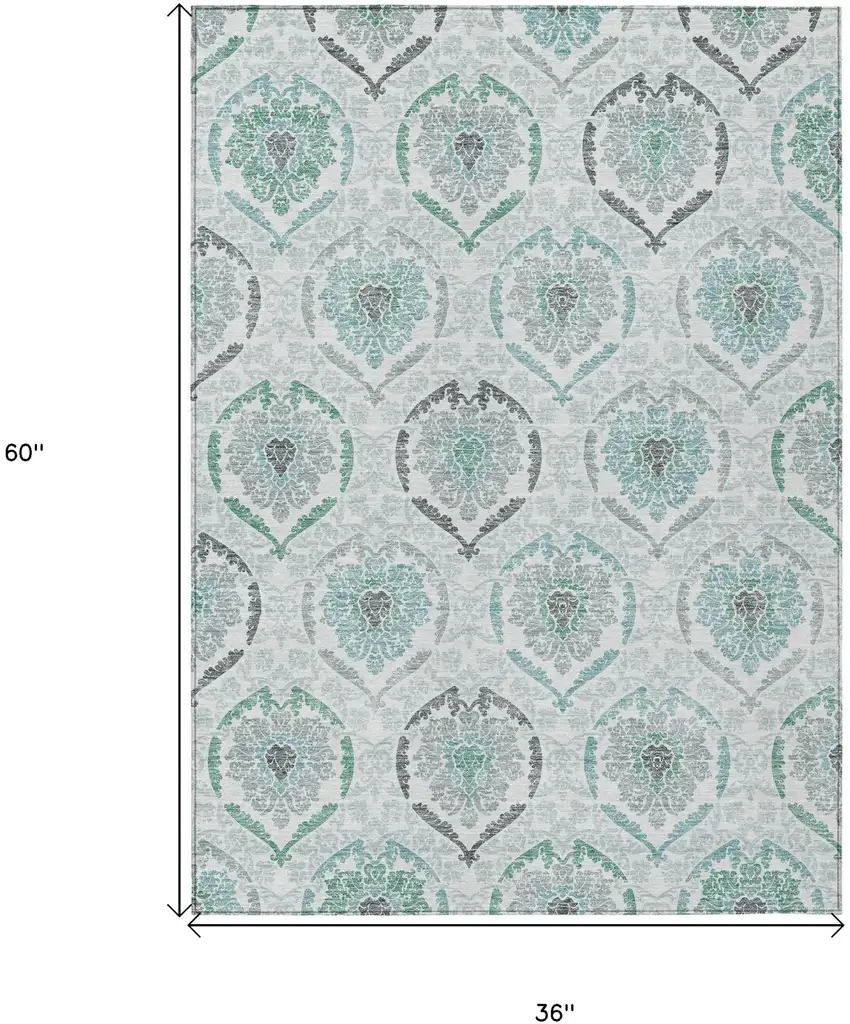 Teal Blue Silver And Gray Medallion Washable Indoor Outdoor Area Rug Photo 3