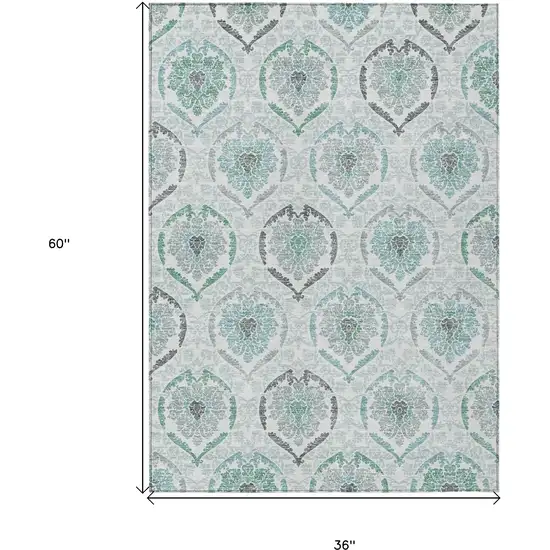 Teal Blue Silver And Gray Medallion Washable Indoor Outdoor Area Rug Photo 3