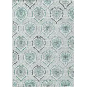 Photo of Teal Blue Silver And Gray Medallion Washable Indoor Outdoor Area Rug