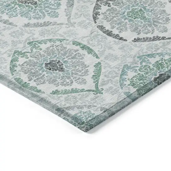 Teal Blue Silver And Gray Medallion Washable Indoor Outdoor Area Rug Photo 5