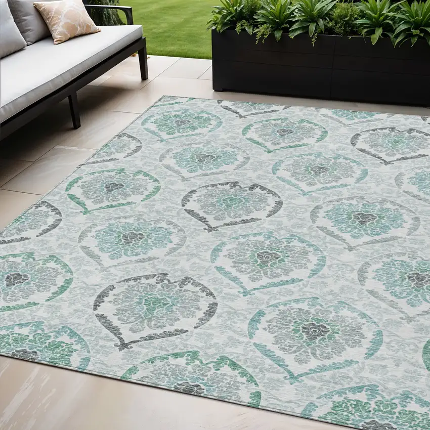 Teal Blue Silver And Gray Medallion Washable Indoor Outdoor Area Rug Photo 1