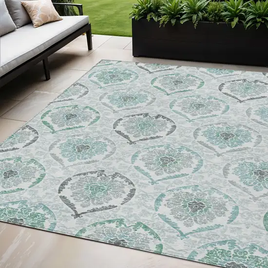 Teal Blue Silver And Gray Medallion Washable Indoor Outdoor Area Rug Photo 1