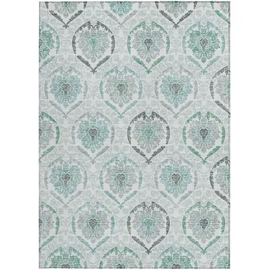 Teal Blue Silver And Gray Medallion Washable Indoor Outdoor Area Rug Photo 6