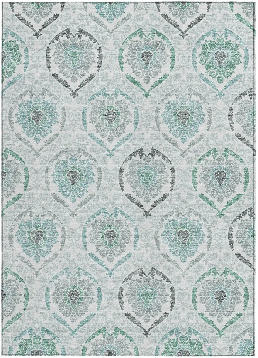 Teal Blue Silver And Gray Medallion Washable Indoor Outdoor Area Rug Photo 6